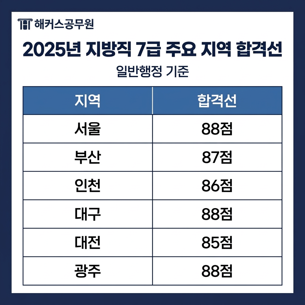 2025년 지방직 7급 일반행정 주요 지역 합격선 표: 서울 88점, 부산 87점, 인천 86점, 대구 88점, 대전 85점, 광주 88점 지자체별 최종 7급합격컷 및 지방직7급커트라인 총정리